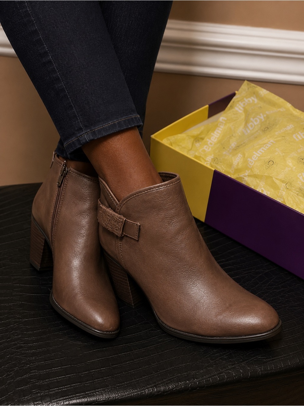 libby. edelman Taupe Leather Ankle Booties with Side Zip
